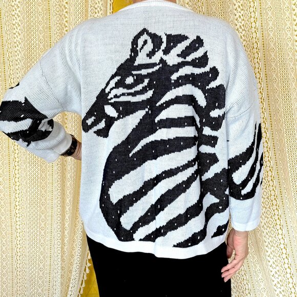 Vintage 80s Turtle Bay Black and White Zebra Sweater Size XL - Picture 4 of 11